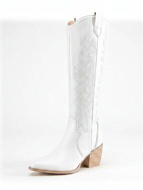 DREAM PAIRS Womens White Cowboy Boots Wide Calf Knee High Boots Ladies